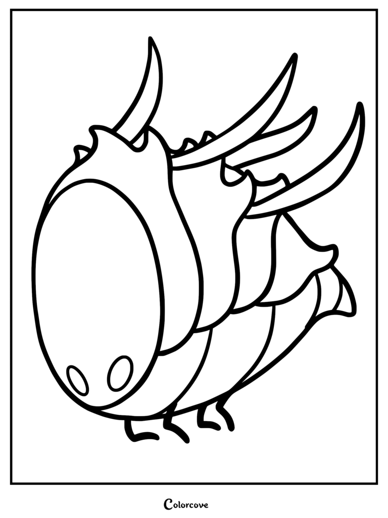 A clean black and white line art coloring page of the Savage Beastfly from Hollow Knight: Silksong, showcasing its segmented body, prominent head horns, and small legs.
