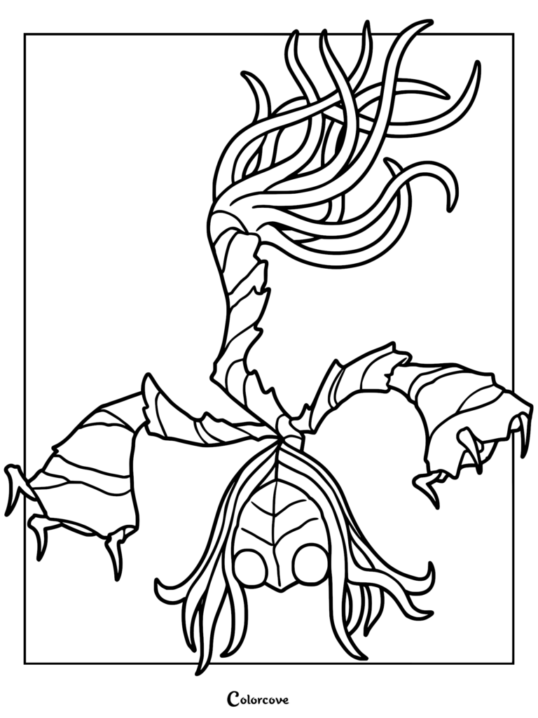 A detailed line art coloring page of the boss Sister Splinter from Hollow Knight: Silksong, featuring her distinct mask, flowing tendrils, and spiky limbs.