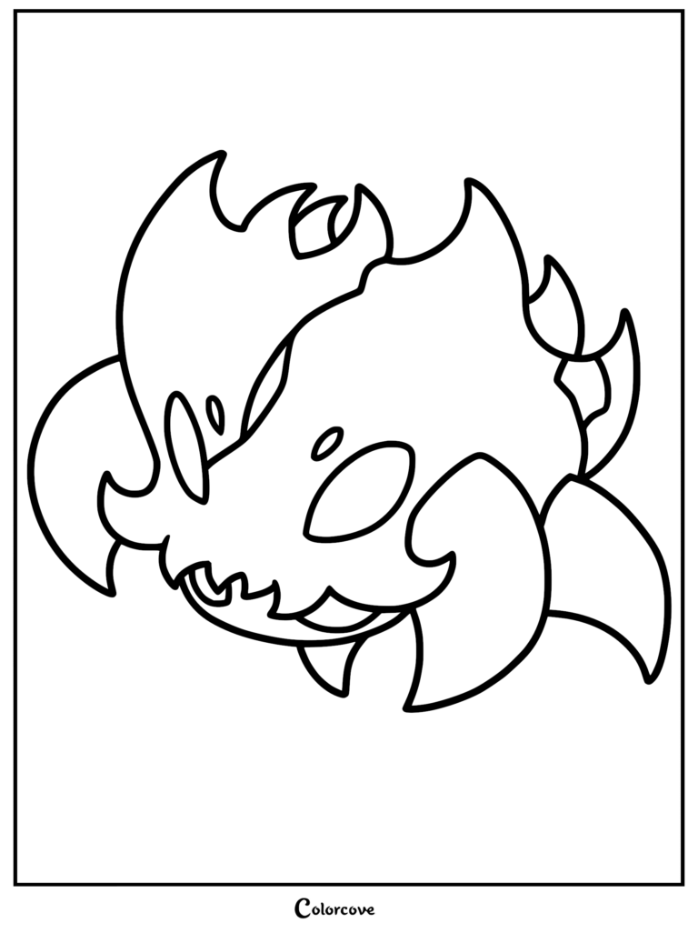 Skull Tyrant from Hollow Knight: Silksong detailed line art coloring page, featuring its distinctive bony skull-like mask and jagged, flared crown spikes.