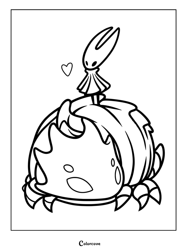 Hornet from Hollow Knight Silksong riding a Bell Beast in this printable coloring page.