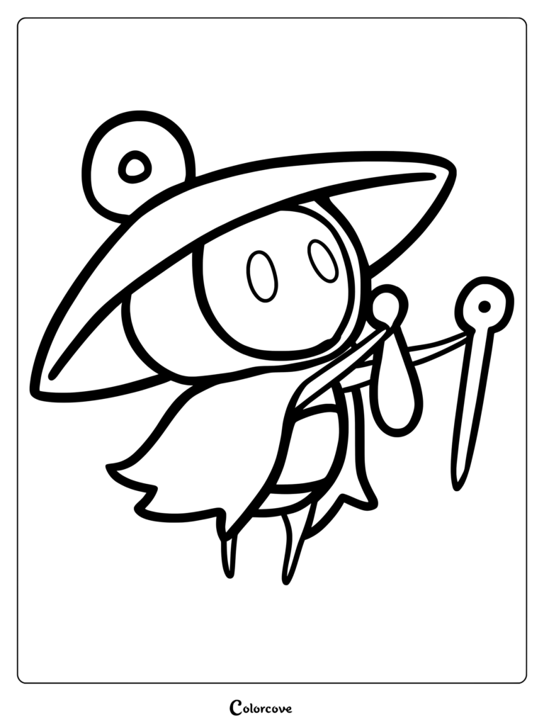 Sherma from Hollow Knight Silksong wearing a wide hat and cloak, holding a needle-like tool in this printable coloring page.