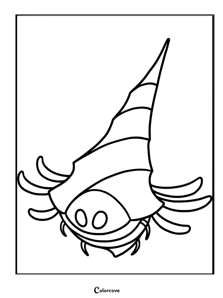 A detailed coloring page featuring a Great Conchfly from Hollow Knight: Silksong, showing its tall spiral shell, multiple legs, and large oval eyes.