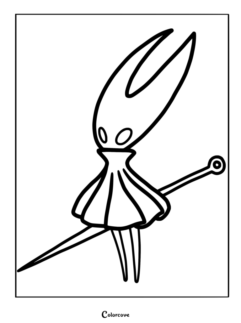 A simple black-and-white coloring page featuring Hornet from Hollow Knight: Silksong, standing and holding her signature needle weapon with a cloak silhouette.