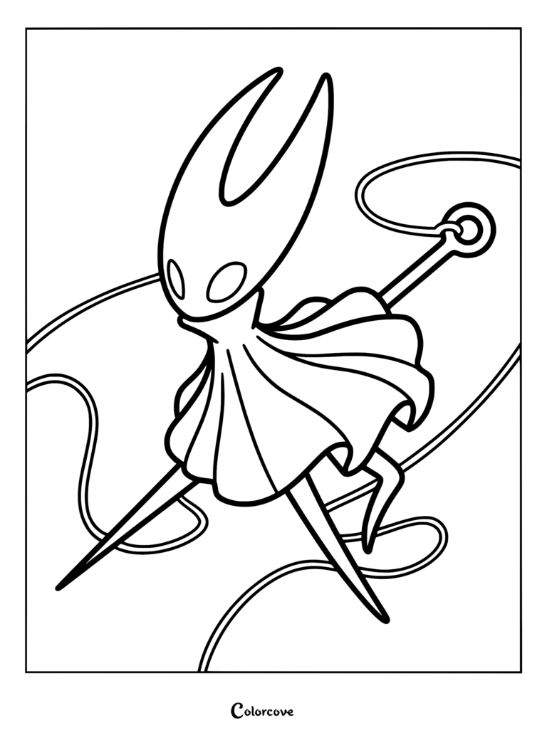 A printable coloring page of Hornet from Hollow Knight: Silksong, depicted mid-air with her needle and flowing silk thread.