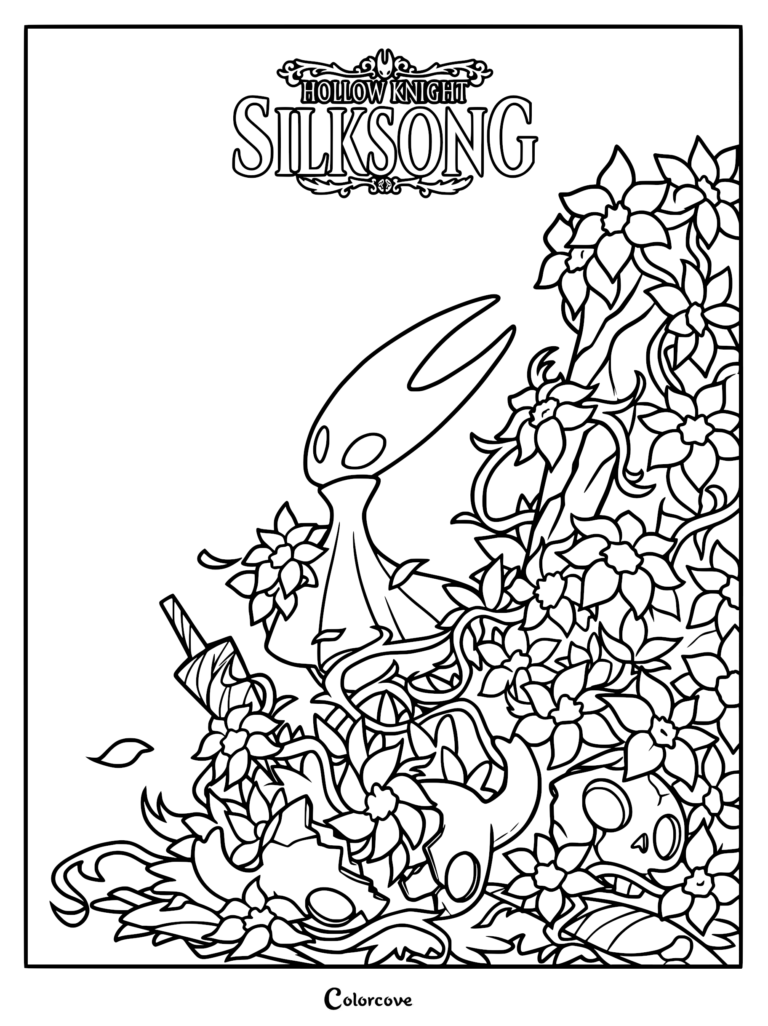 A detailed coloring page of Hornet from Hollow Knight: Silksong standing among dense vines, stylized flowers, and mossy skeletal remains in the haunted kingdom of Pharloom.