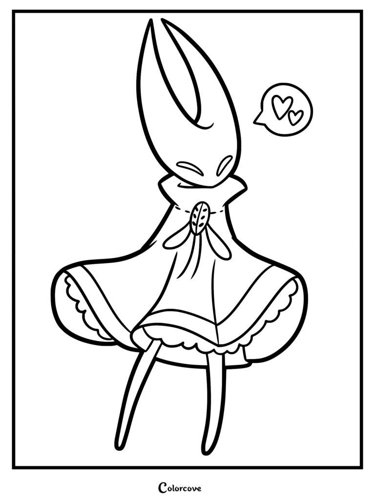A printable coloring page featuring Hornet from Hollow Knight: Silksong wearing a detailed cape and dress, with a speech bubble containing two hearts next to her head.