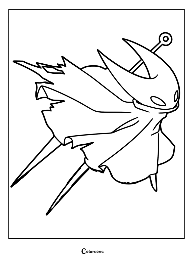 A black and white coloring page featuring Hornet from Hollow Knight: Silksong leaping mid-air with her flowing tattered cloak and signature needle weapon.