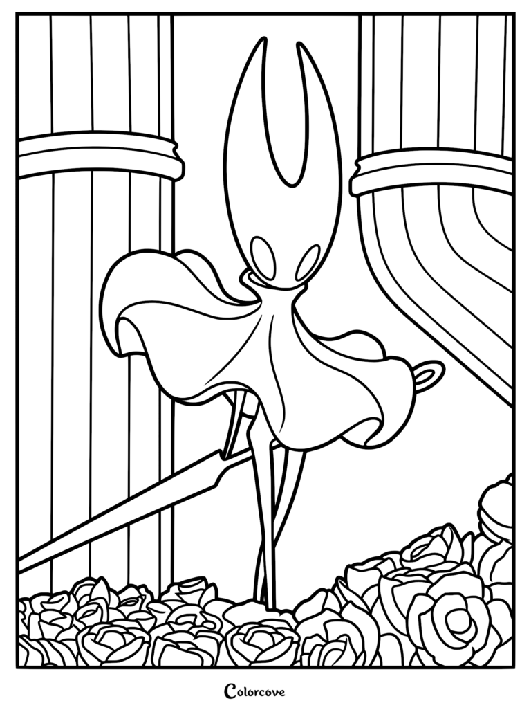 A detailed coloring page featuring Hornet from Hollow Knight: Silksong standing gracefully amidst a field of stylized roses near tall Pharloom architectural pillars.