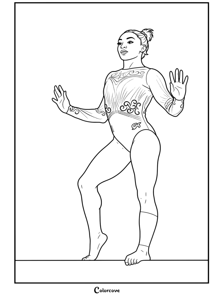 Dibujo para colorear de Simone Biles que la muestra compitiendo en la barra de equilibrio en los Juegos Olímpicos de París 2024 luciendo un maillot detallado con los brazos levantados.