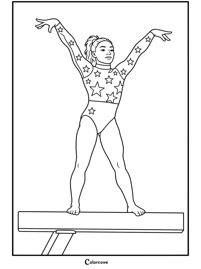 Dibujo para colorear de Simone Biles de pie en la barra de equilibrio con los brazos extendidos vistiendo un maillot brillante azul de EE. UU. en los Juegos Olímpicos de París 2024