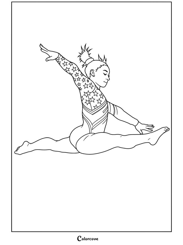 Un dibujo para colorear imprimible de Simone Biles ejecutando un salto split en un maillot patriótico de EE. UU. durante una rutina de gimnasia.