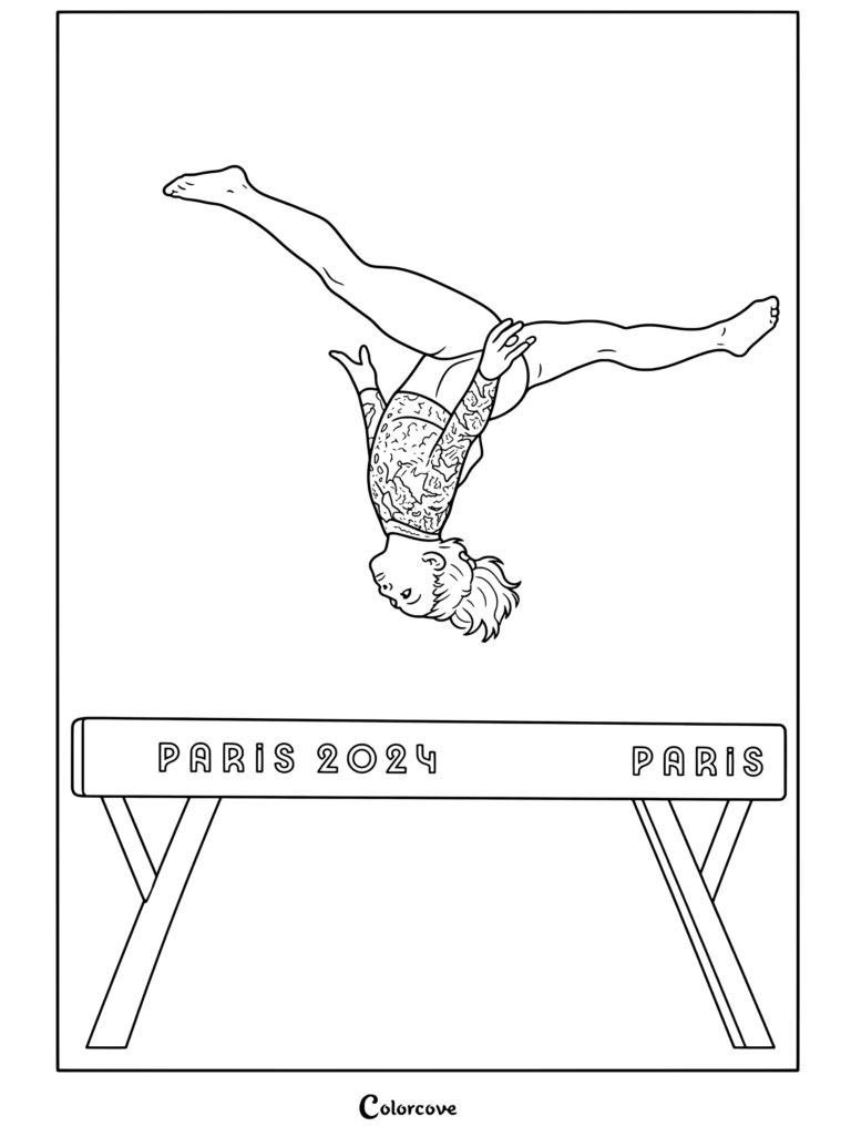 Dibujo para colorear de Simone Biles realizando un salto acrobático en la barra de equilibrio en los Juegos Olímpicos de París 2024.