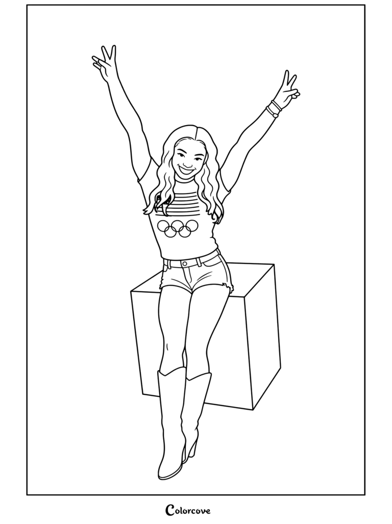 Dibujo para colorear imprimible de Simone Biles posando alegremente con los brazos levantados vistiendo una camisa olímpica blanca, pantalones cortos de mezclilla y botas plateadas.