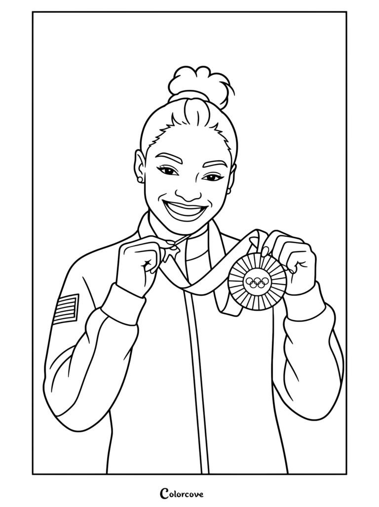 Dibujo para colorear imprimible de Simone Biles sonriendo feliz y sosteniendo su medalla de oro de los Juegos Olímpicos de París con un fondo de los aros olímpicos.