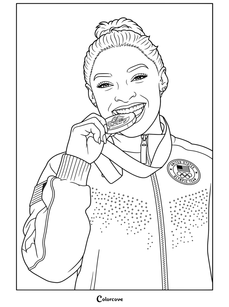 Dibujo para colorear de Simone Biles sonriendo alegremente mientras muerde su medalla de oro y viste la chaqueta del equipo olímpico de EE. UU.