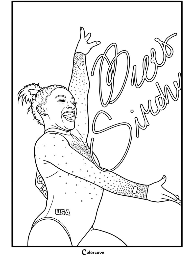 Dibujo para colorear imprimible de Simone Biles sonriendo alegremente con un maillot de gimnasia de EE. UU. rojo, levantando un brazo con una superposición de autógrafo.
