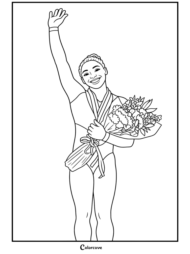 Dibujo para colorear de Simone Biles sonriendo, saludando y sosteniendo flores y medalla en el podio