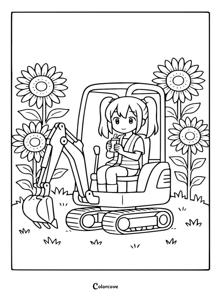 Una linda niña estilo anime con coletas sentada en una excavadora simple rodeada de grandes girasoles en esta página para colorear imprimible.