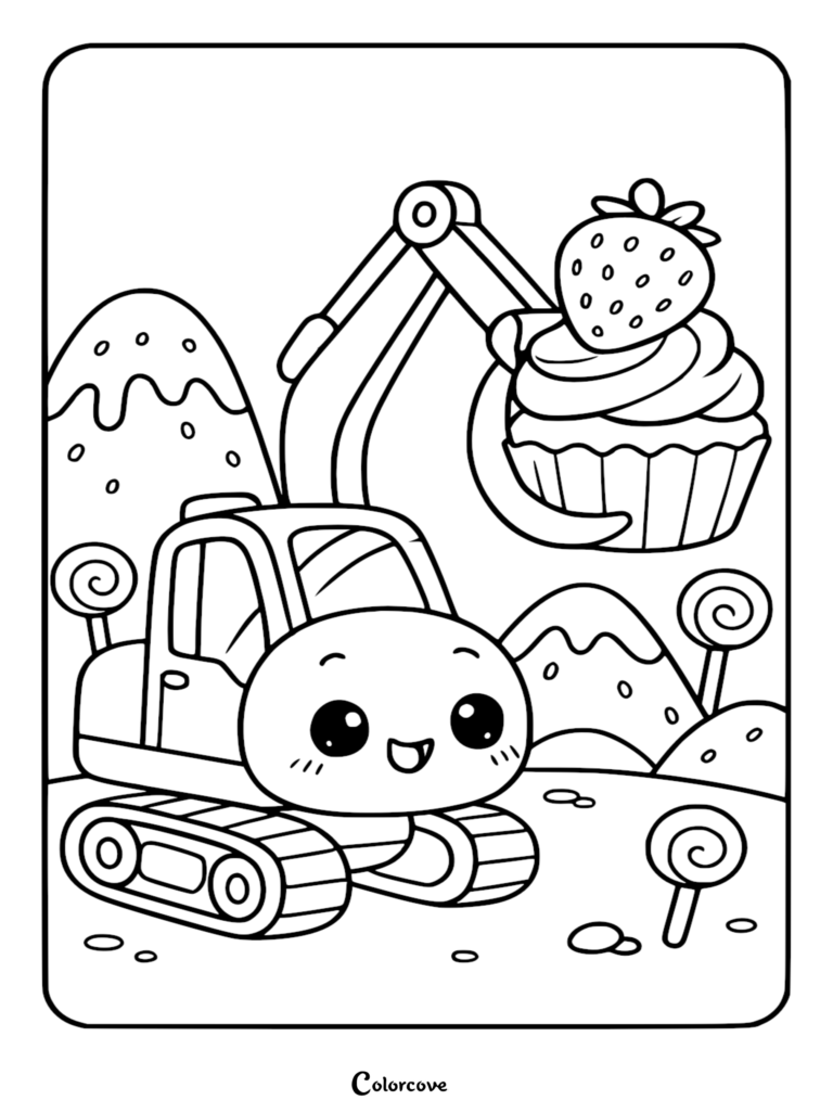 Una página para colorear de excavadora simple que presenta un lindo vehículo de construcción de dibujos animados levantando un pastelito de fresa en un paisaje temático de caramelos.