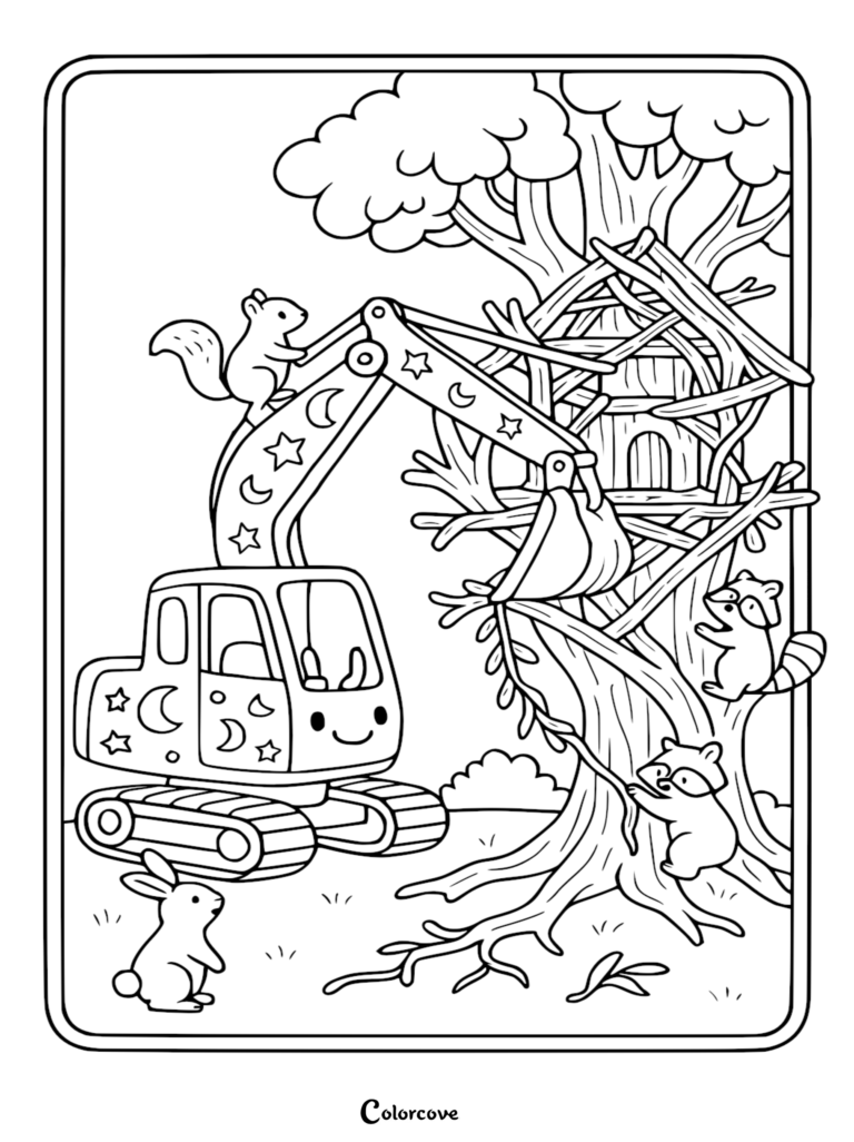 Una excavadora simple con patrones de estrellas y lunas construyendo una casa de árbol de madera con una ardilla y dos mapaches, página para colorear.