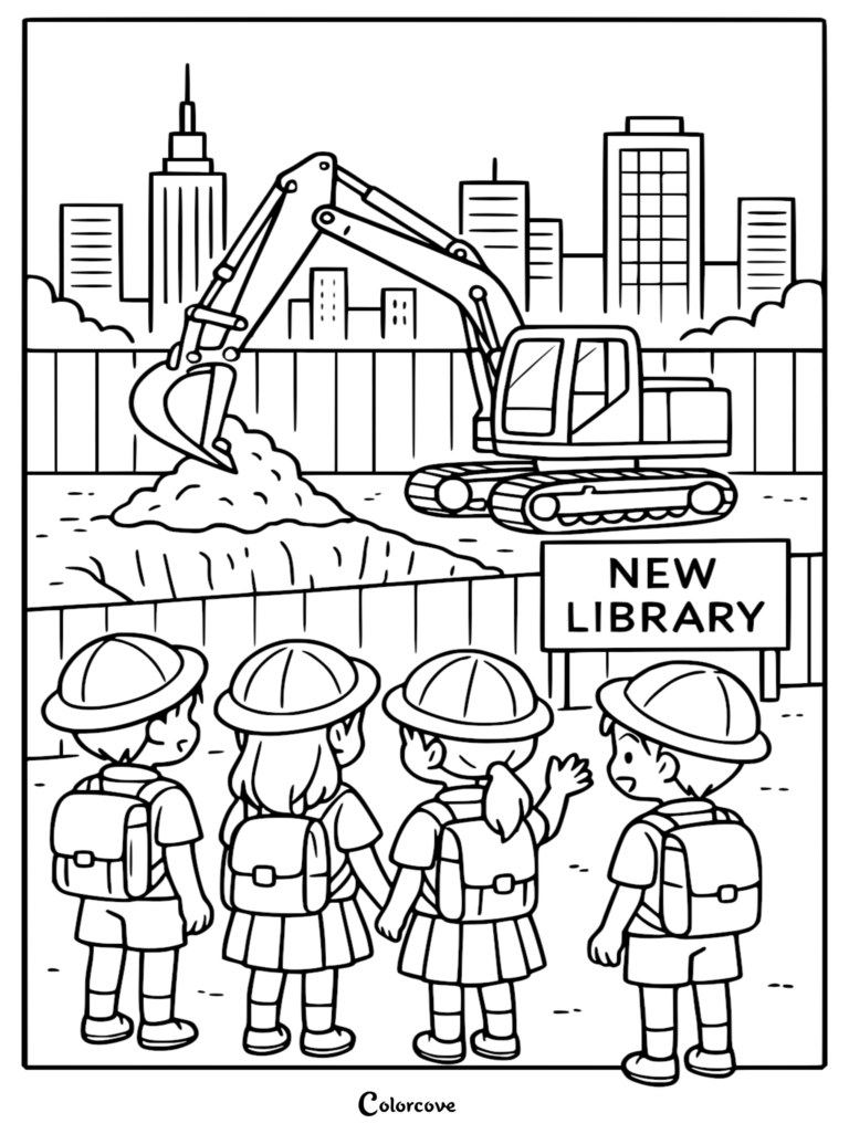 Cuatro escolares con sombreros y mochilas viendo cavar a una excavadora simple en un nuevo sitio de construcción de una biblioteca en esta página para colorear imprimible.