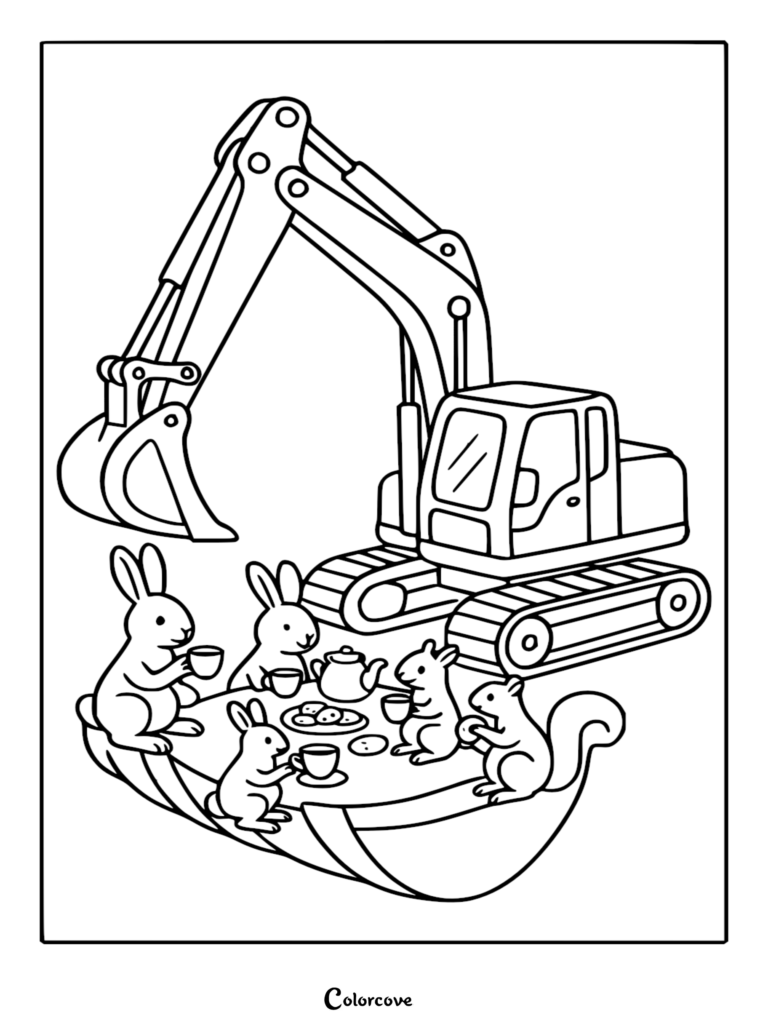 Una página para colorear de excavadora simple que presenta a tres conejitos y dos ardillas tomando el té dentro de la gran cuchara de metal.