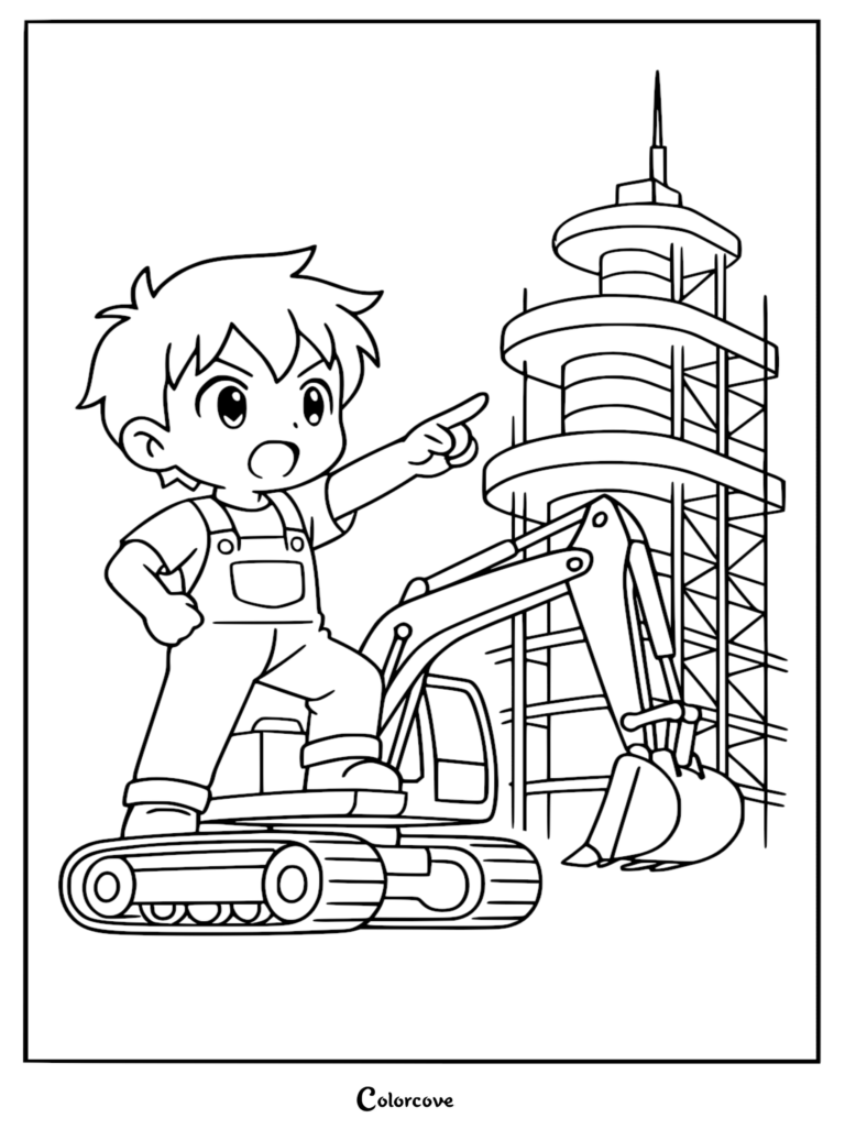 Un niño pequeño con mono de trabajo de pie sobre una excavadora simple señalando una torre de construcción en esta página para colorear imprimible.
