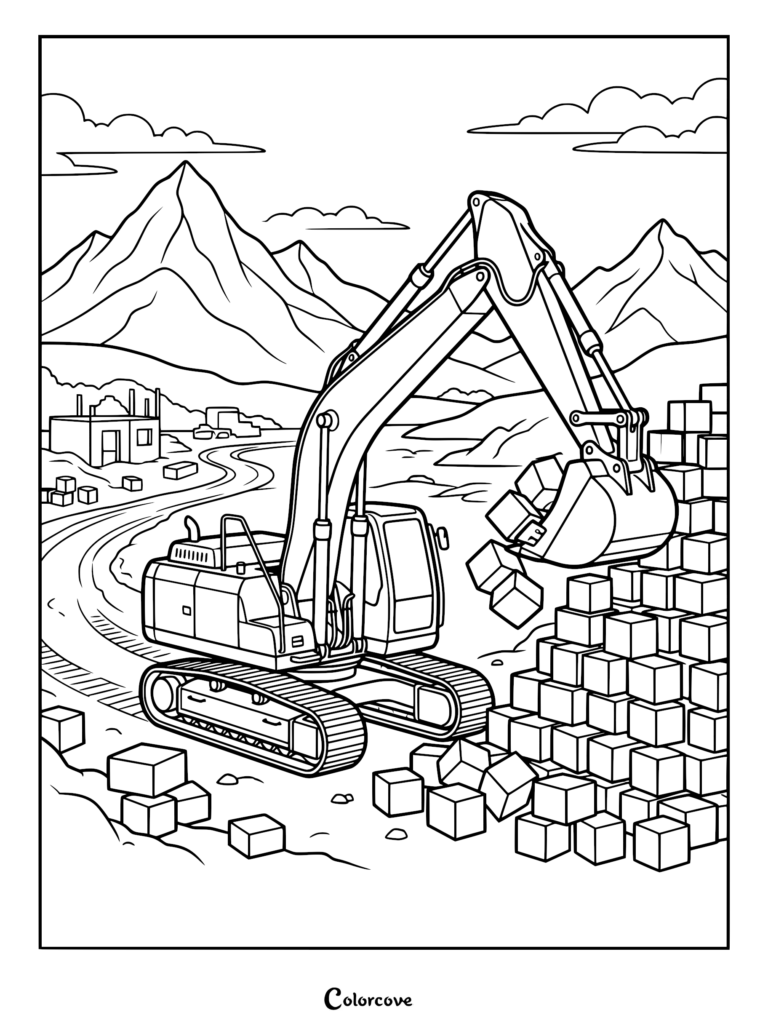 Una página para colorear de excavadora simple que muestra un vehículo de construcción levantando una cuchara de bloques de piedra cerca de un paisaje montañoso.