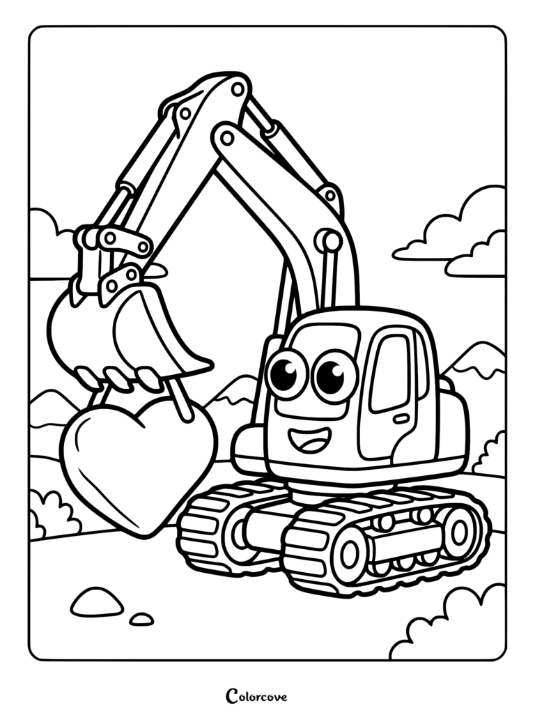Una linda excavadora de dibujos animados con grandes ojos sosteniendo un gran corazón en su cuchara, página para colorear de arte lineal simple para niños.