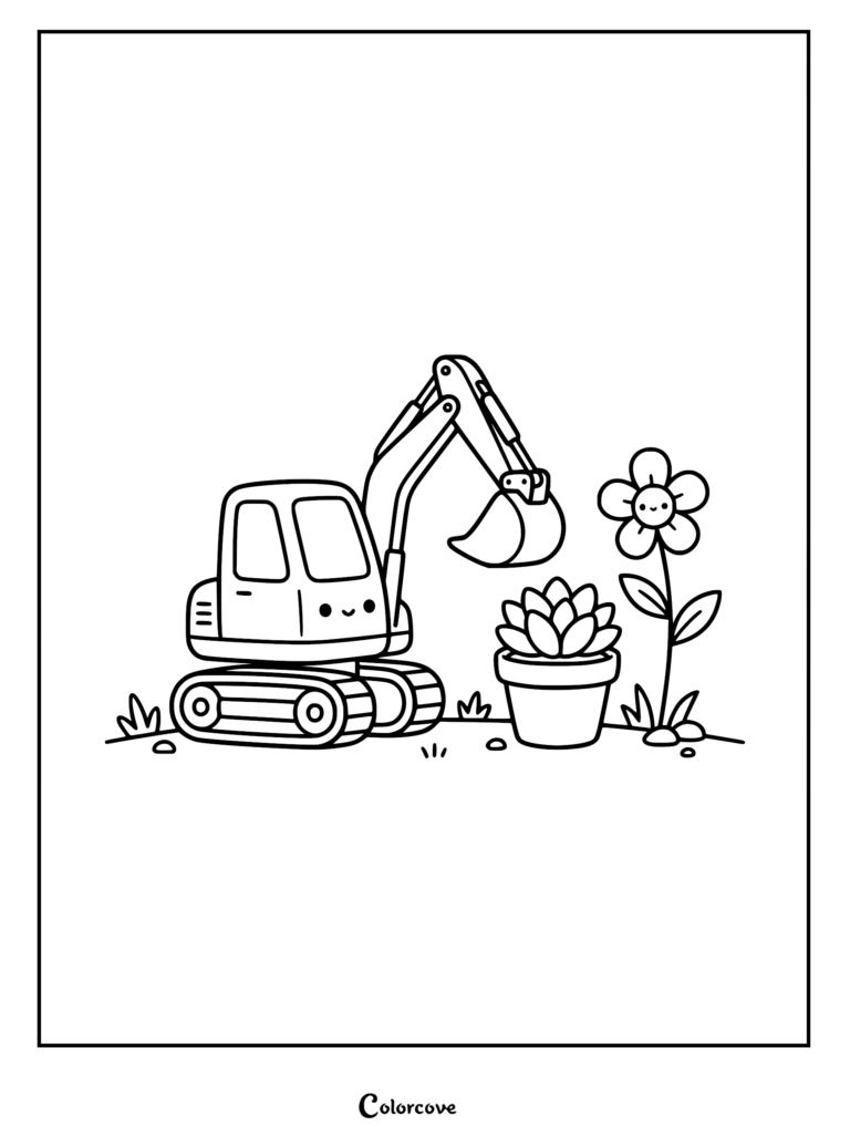 Una linda excavadora simple con una cara sonriente al lado de una suculenta en maceta y una flor sonriente en esta página para colorear imprimible.