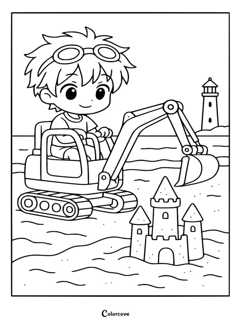 Un tierno niño con gafas conduciendo una excavadora para construir un castillo de arena en una playa con un faro al fondo, estilo de arte lineal para colorear.