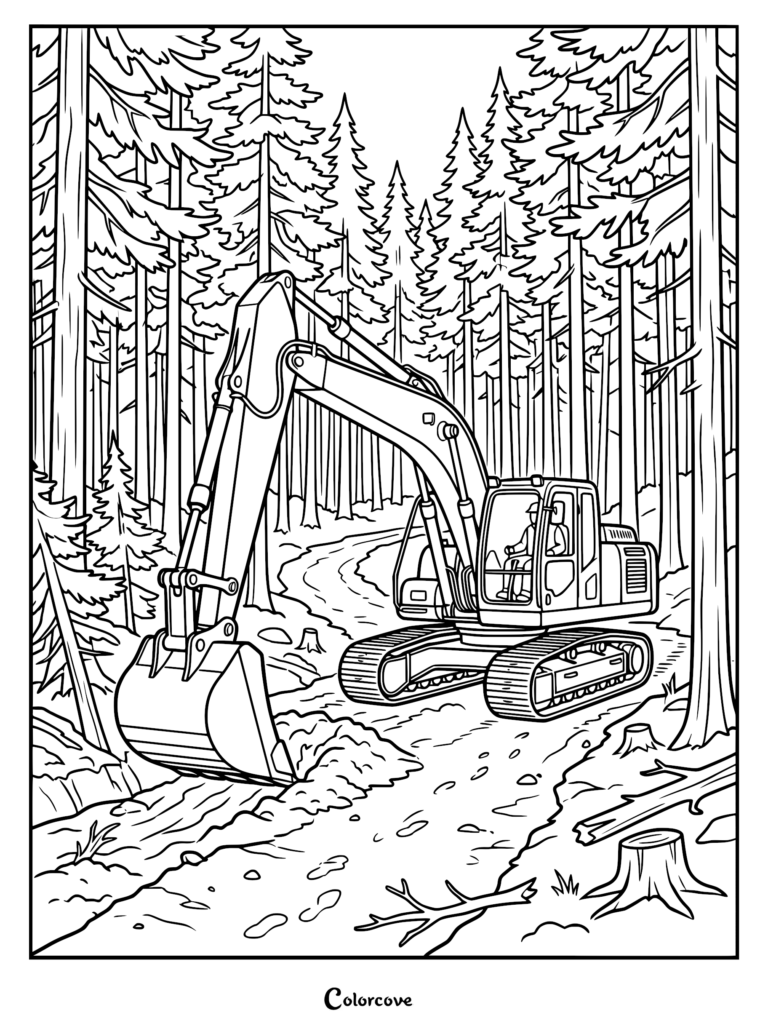 Una excavadora simple cavando un camino de tierra en un denso bosque de pinos, página para colorear que presenta un vehículo de construcción con orugas y una gran cuchara.