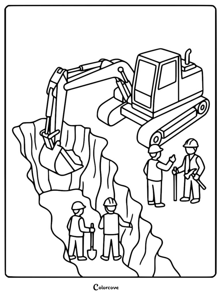 Una excavadora simple cavando una zanja con cuatro trabajadores de la construcción de pie cerca en esta página para colorear imprimible.