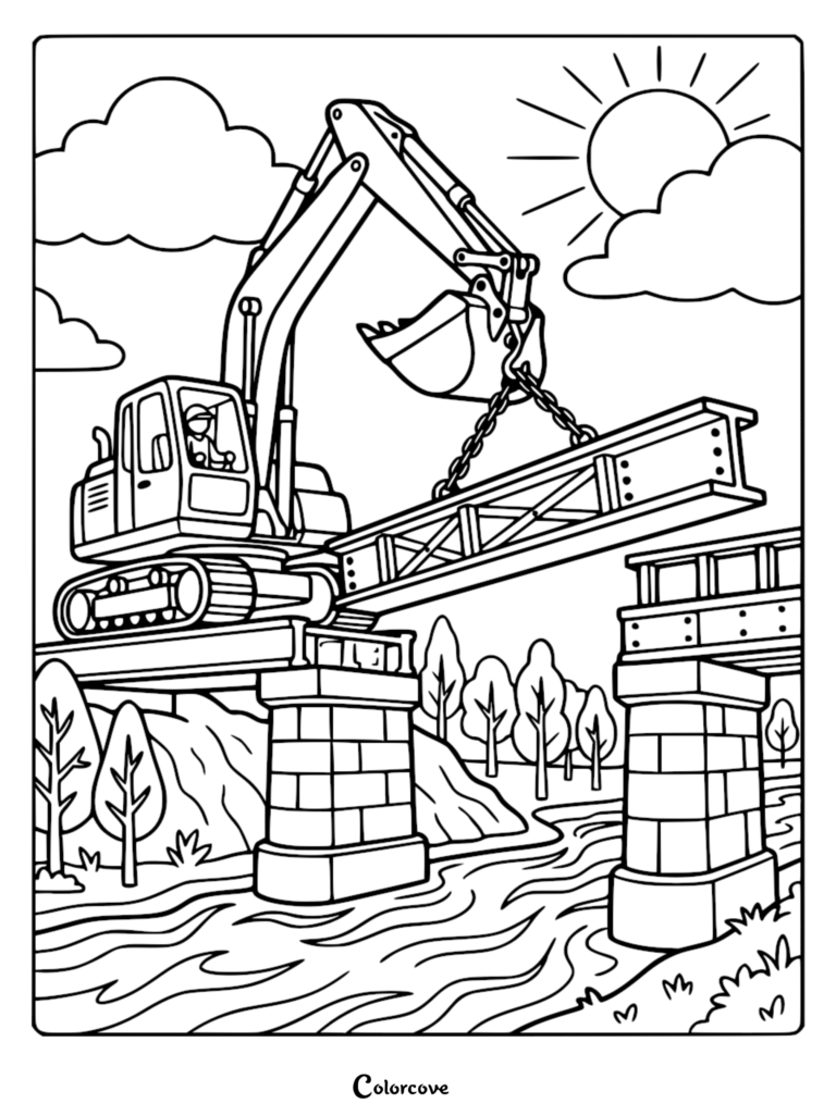 Una página para colorear de excavadora simple que muestra un vehículo de construcción levantando una viga de acero para construir un puente sobre un río.