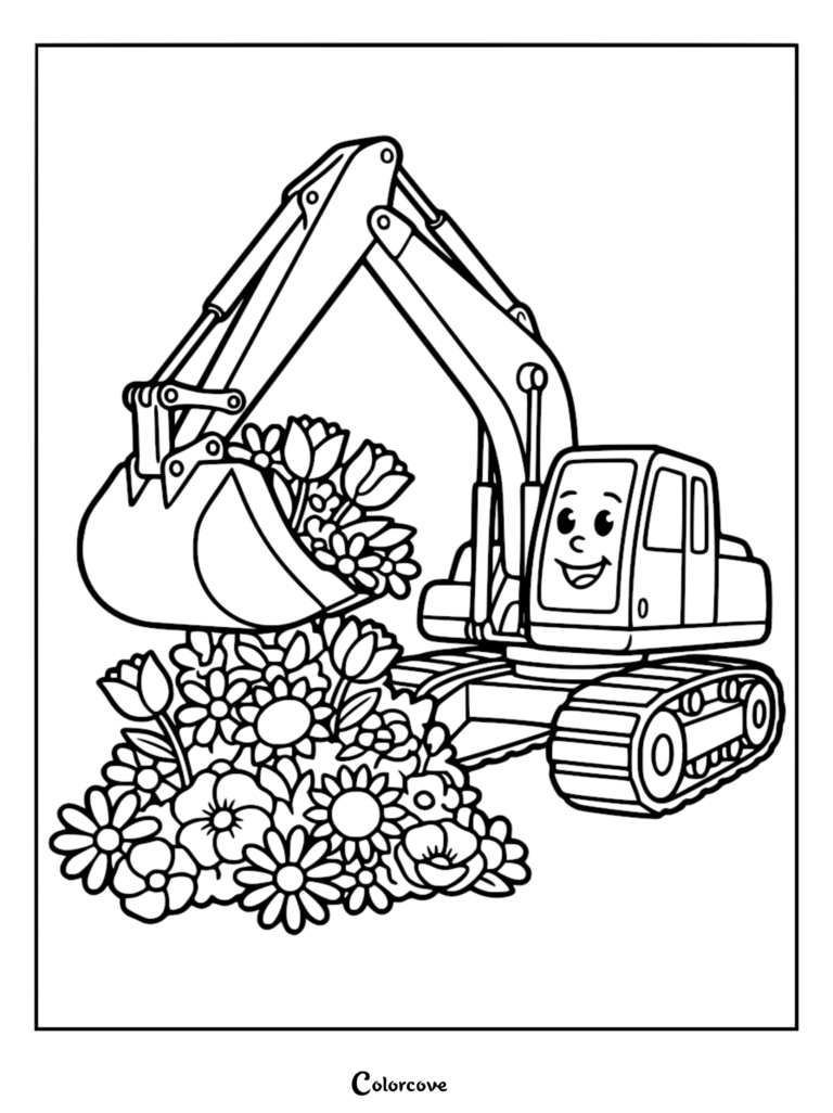 Una excavadora amigable de dibujos animados recogiendo un gran montón de flores de primavera en esta página para colorear de arte lineal simple.