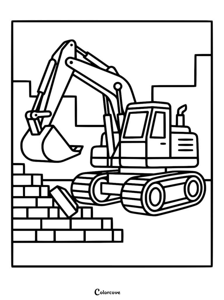 Una página para colorear de excavadora simple que presenta un vehículo de construcción con orugas levantando un ladrillo de una pared contra un fondo de horizonte urbano.