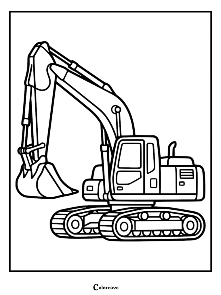 Una página para colorear de arte lineal simple en blanco y negro de una excavadora de construcción con orugas y una gran cuchara excavadora.