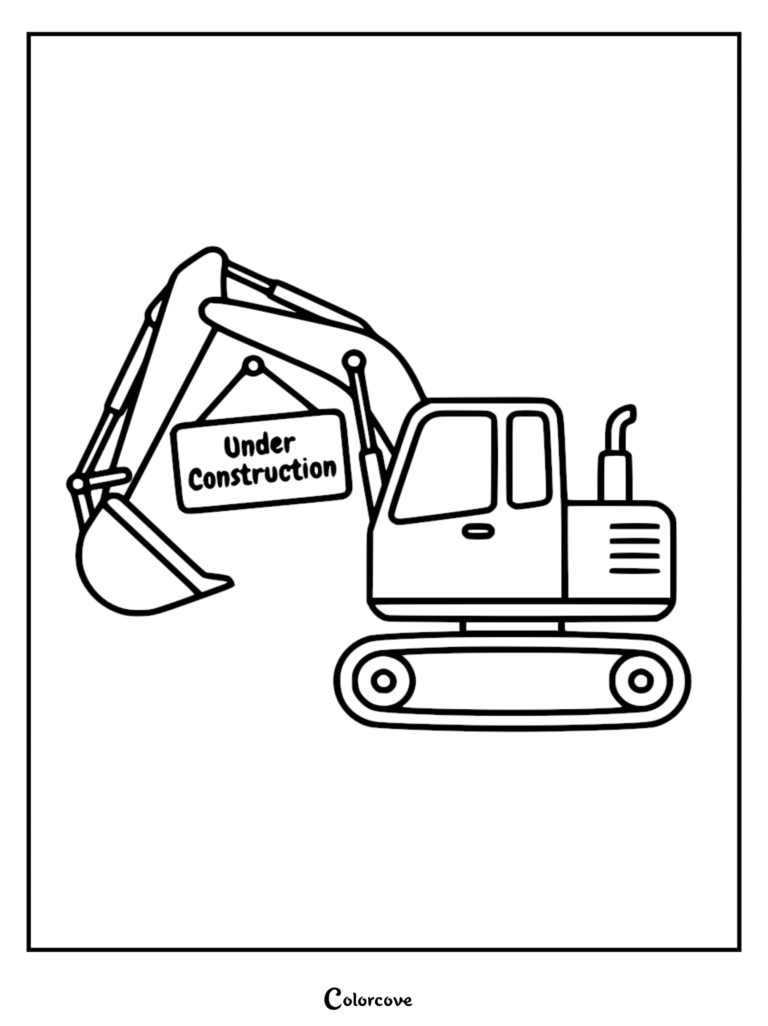 Página para colorear de excavadora simple que presenta un vehículo de construcción sosteniendo un cartel de En construcción con su brazo hidráulico.