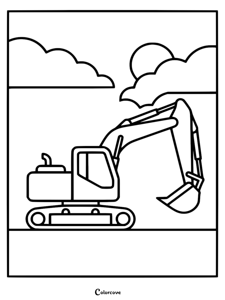 Una página para colorear de excavadora simple que presenta un vehículo de construcción con orugas y un brazo de cuchara bajo un cielo soleado y nublado.