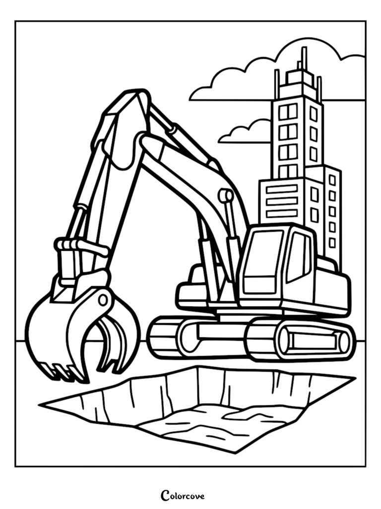 Una página para colorear de excavadora simple que presenta un vehículo de construcción con un accesorio de garfio cavando un agujero cuadrado frente a un edificio alto de la ciudad.