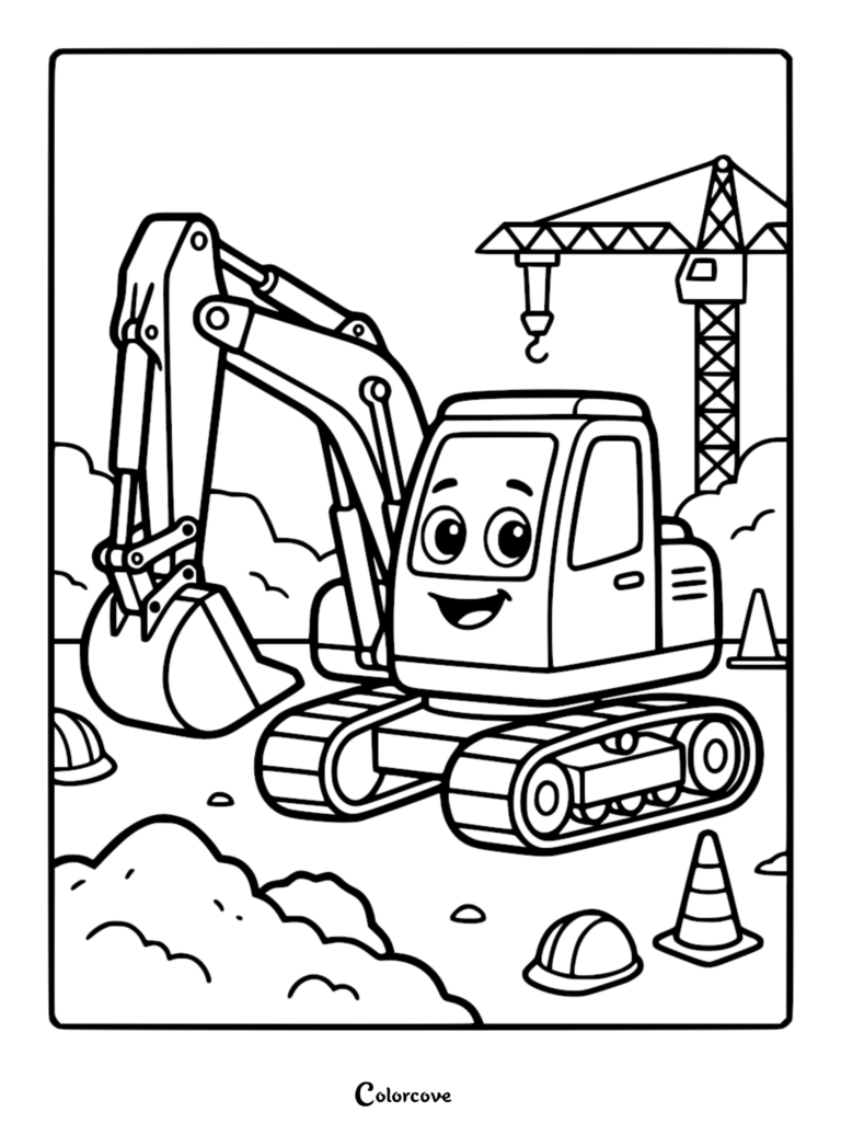 Una excavadora amigable de dibujos animados con una cara sonriente en un sitio de construcción con una grúa, conos de tráfico y cascos en esta página para colorear simple.
