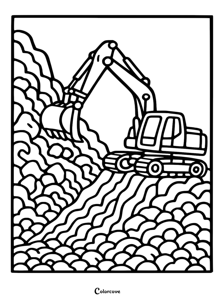 Una página para colorear de excavadora simple que muestra un vehículo de construcción cavando en un gran montón de tierra con contornos negros gruesos.