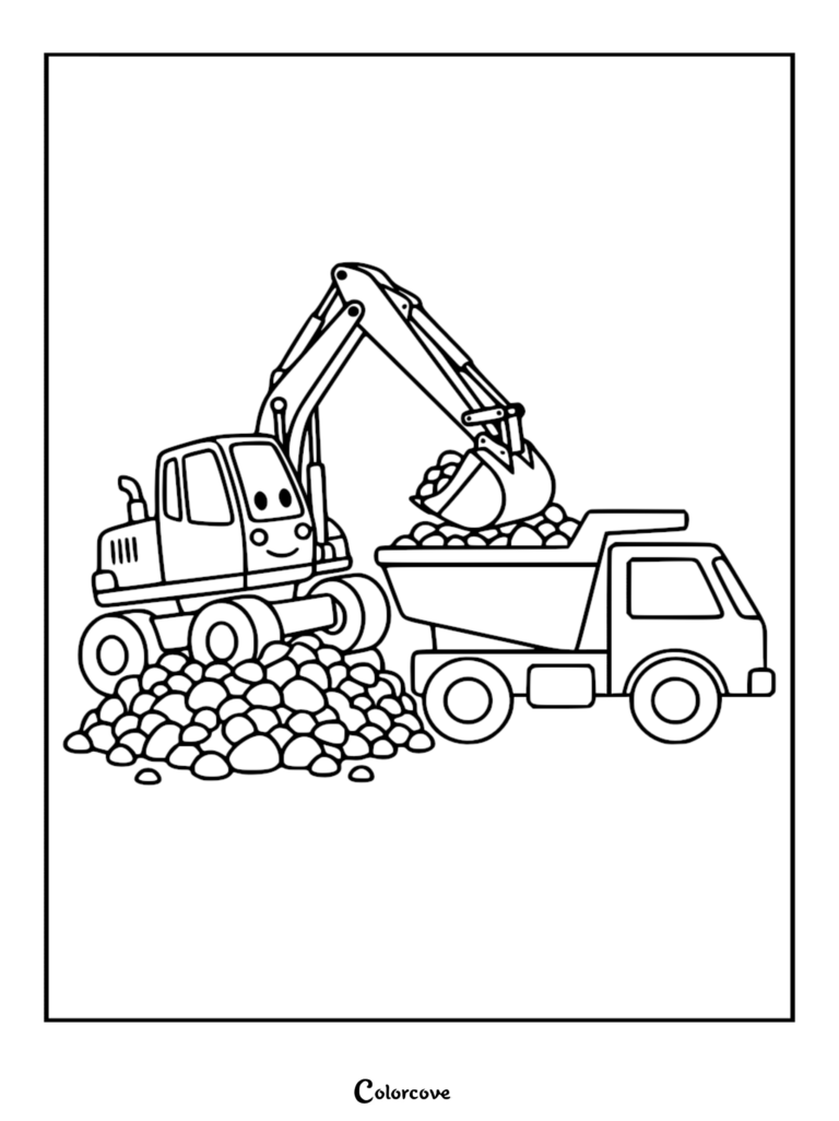 Una linda excavadora de dibujos animados con una cara sonriente cargando rocas en un camión volquete en esta página para colorear simple.