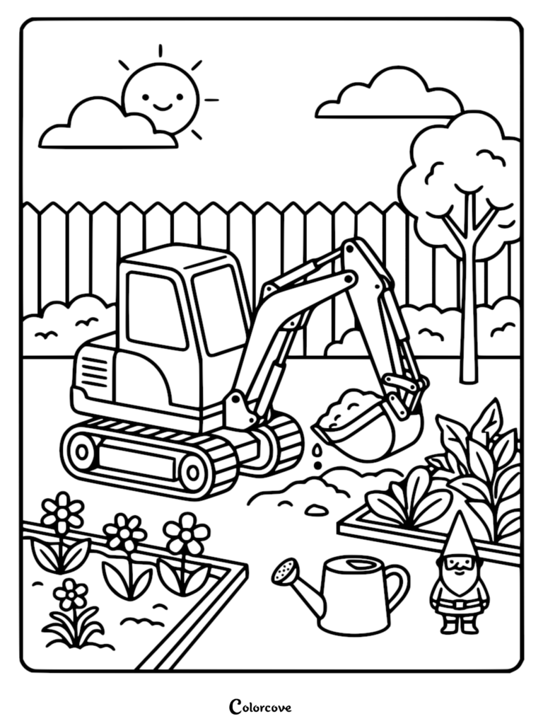 Una excavadora simple cavando en un jardín con un gnomo y una regadera, estilo de arte lineal para página para colorear.