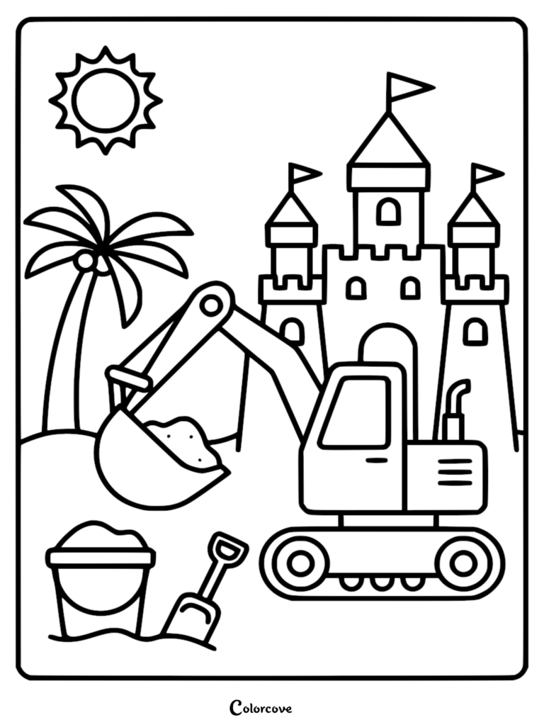 Una excavadora simple cavando arena cerca de un castillo de arena y una palmera, página para colorear para niños.