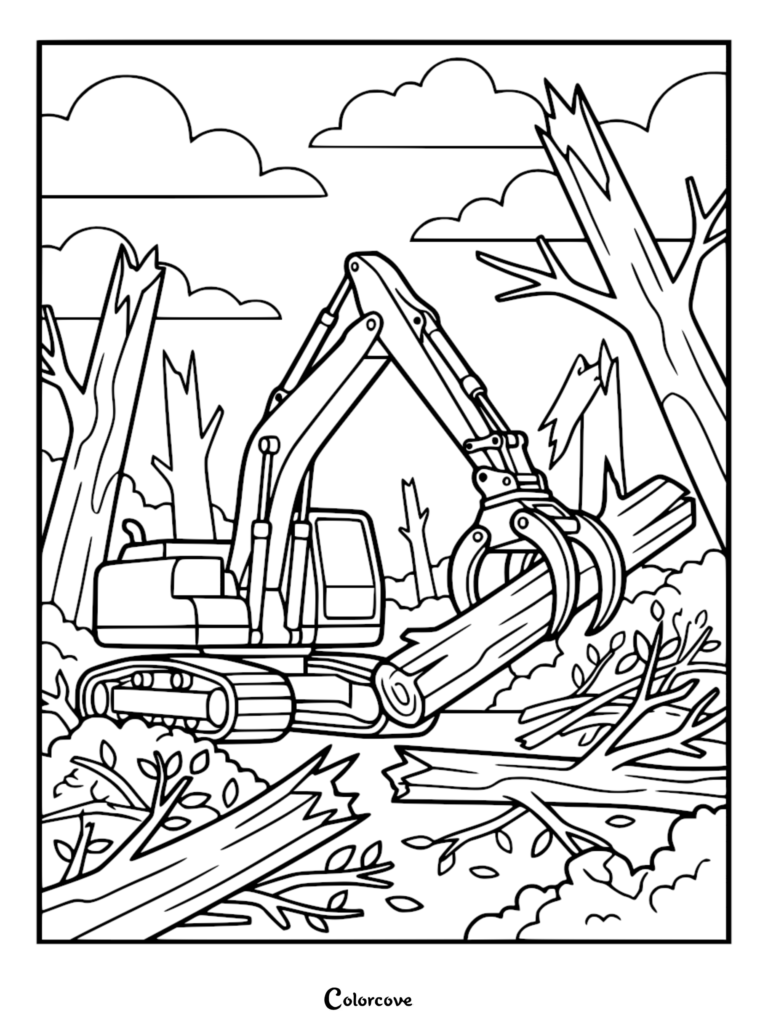 Una excavadora simple con un accesorio de garfio para troncos levantando un gran tronco de árbol en un claro del bosque, presentada como una página para colorear en blanco y negro.