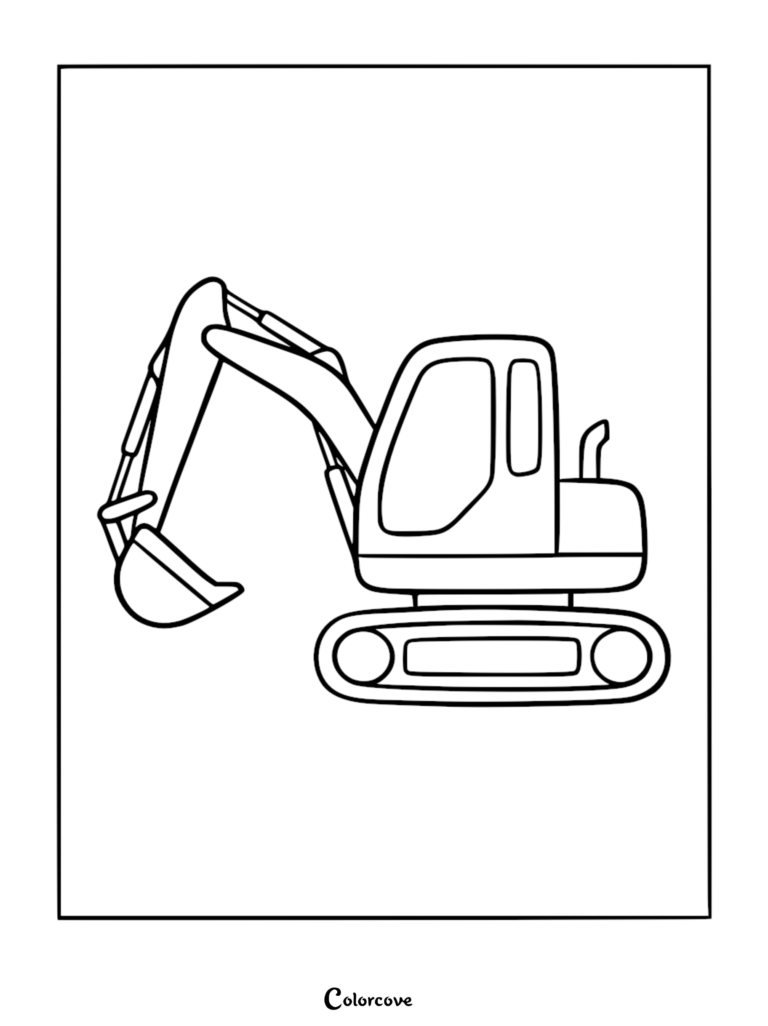 Una página para colorear de arte lineal simple en blanco y negro de una excavadora de construcción con un brazo de cuchara y ruedas con orugas.