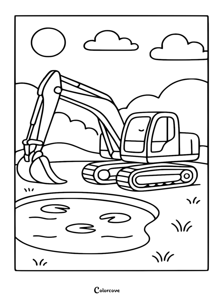 Una excavadora simple estacionada junto a un pequeño estanque con nenúfares, con un sol y nubes en el fondo, presentada como una página para colorear de arte lineal limpio.