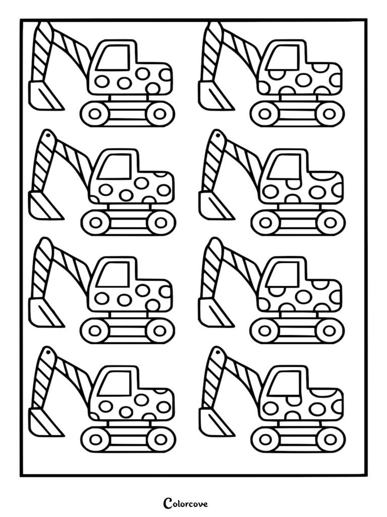 Un patrón repetido de ocho ilustraciones de excavadora simple con cuerpos de lunares y brazos rayados en una página para colorear imprimible.
