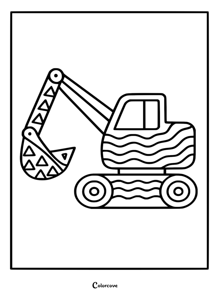 Una página para colorear de excavadora simple que presenta un vehículo de construcción con patrones de triángulos en la cuchara y texturas de líneas onduladas en el cuerpo y las orugas.